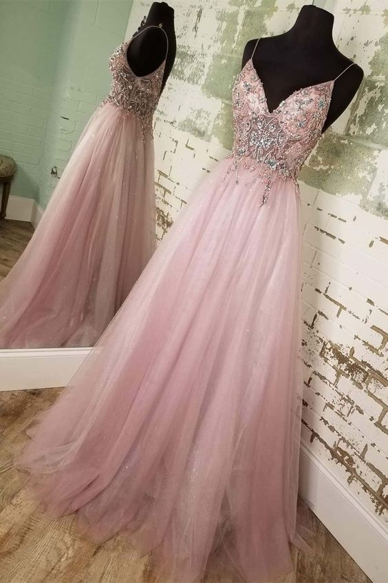 beaded A-line blush tulle long prom dress with spaghetti straps cg17916