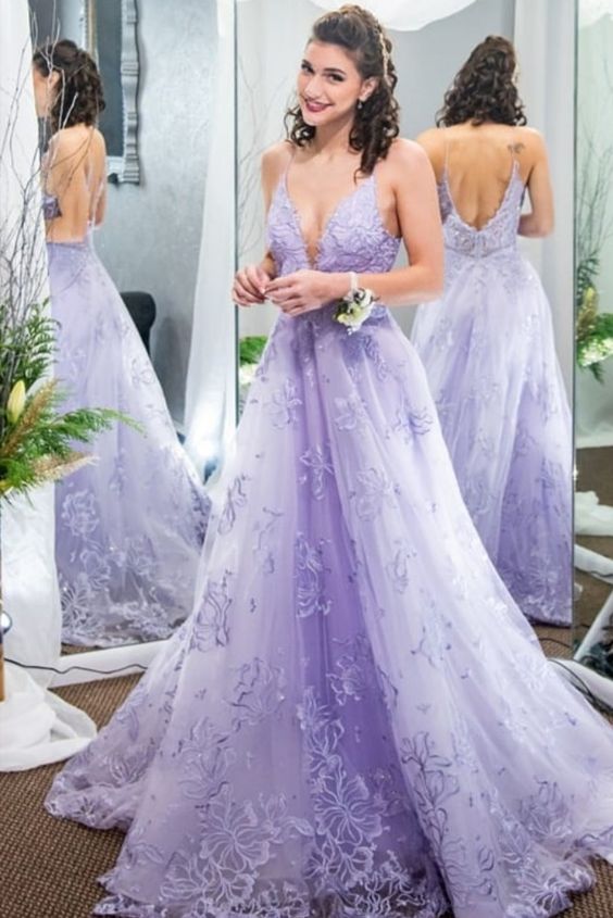 princess A-line lavender long formal dress with lace appliques Long Prom Dress cg17919