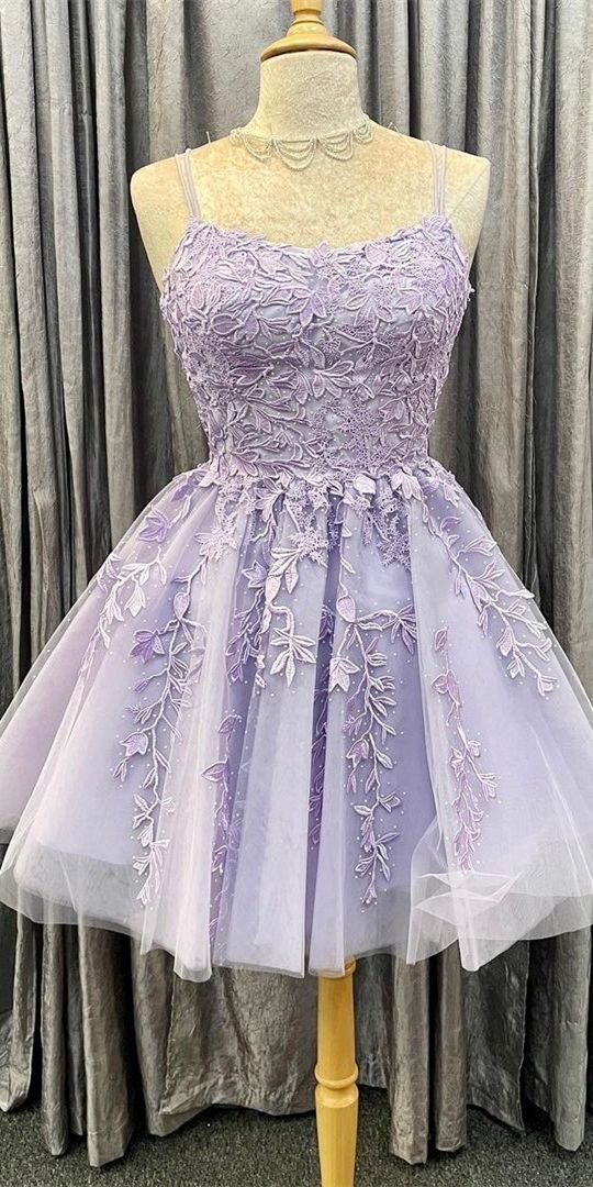 princess short lavender A-line lace appliqued homecoming dress party dress cg17932