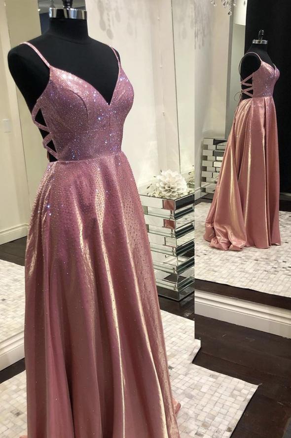 A line v neck beads prom dress shiny evening dress cg17939