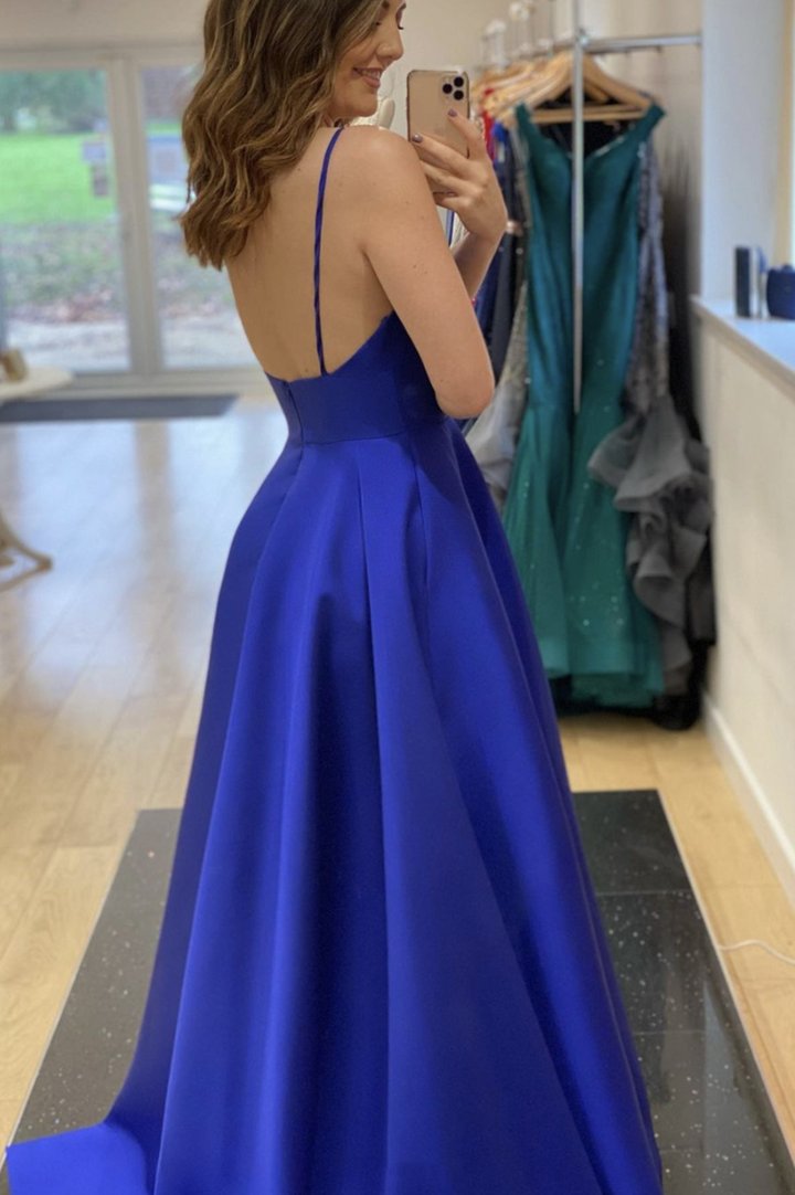 Blue satin long prom dress A line evening dress cg17942