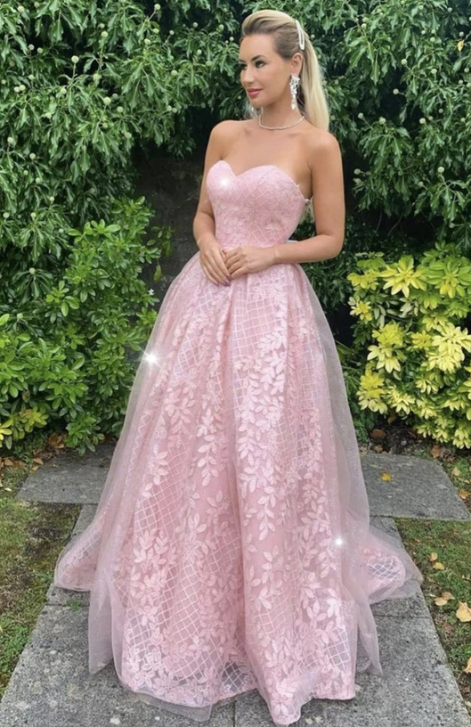 Pink tulle lace long A line prom dress evening dress cg17944