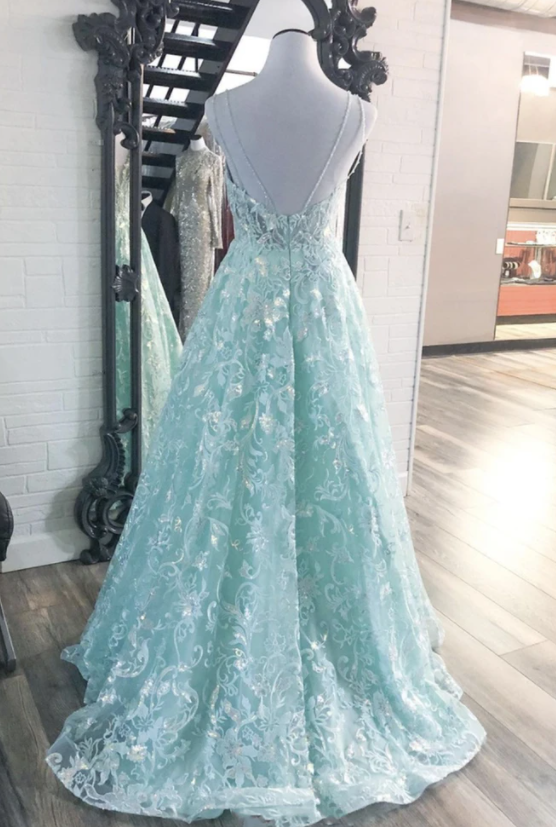 Blue v neck lace long prom dress A line evening dress cg17946