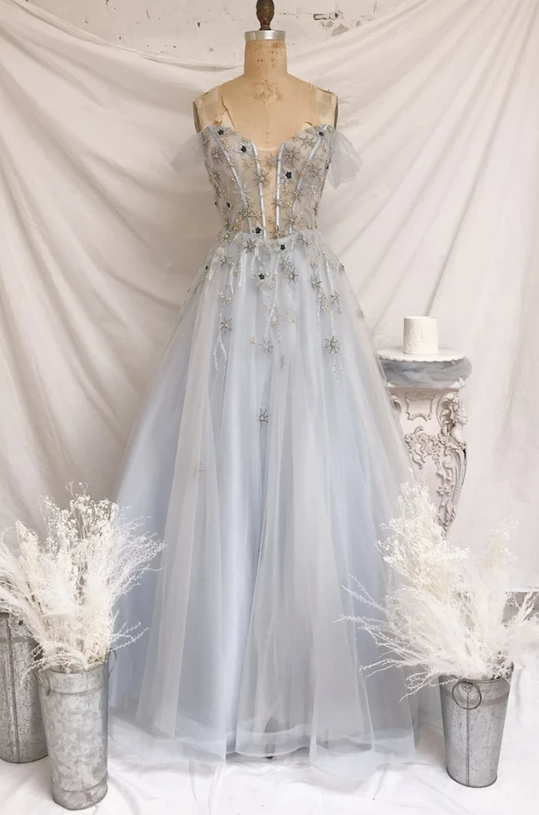 Blue tulle long A line prom dress blue evening dress cg17949