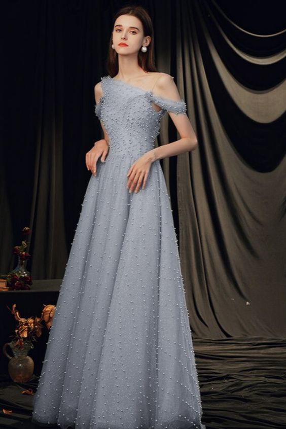 2021 elegant grey tulle long formal dress evening dress with pearls prom dress cg17921