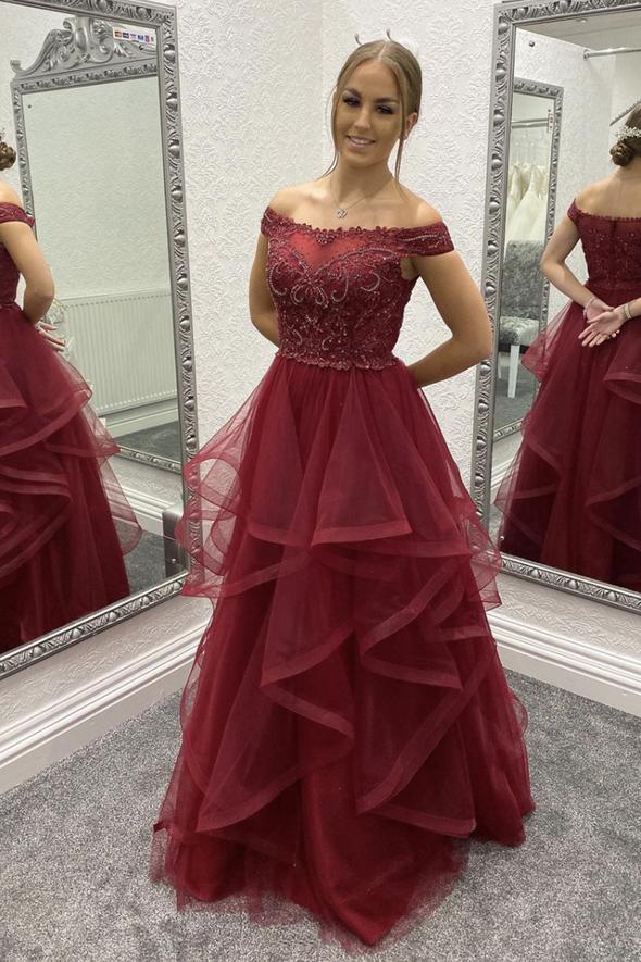 Burgundy lace long prom dress A line evening dress cg17959