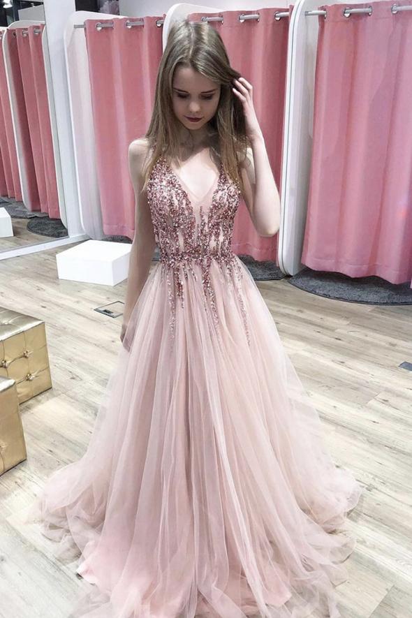 Pink v neck tulle beads prom dress evening dress cg17960
