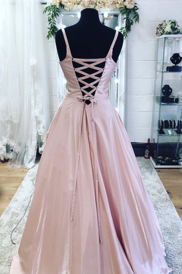 Pink v neck satin long prom dress A line evening dress cg17964