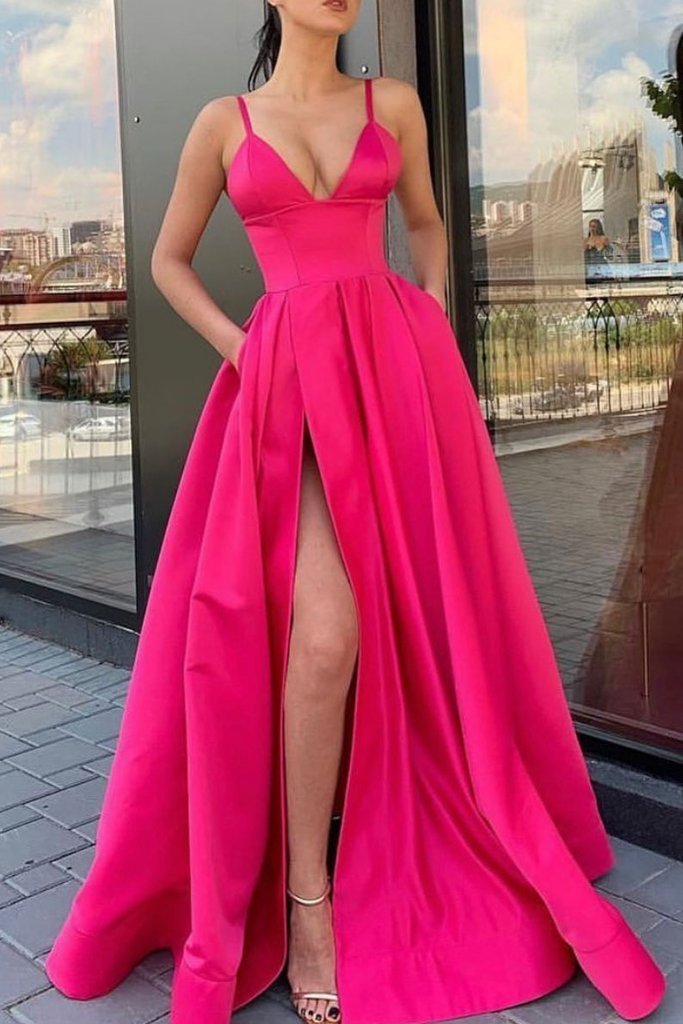 SIMPLE V NECK SATIN LONG PROM DRESS SATIN EVENING DRESS cg17976