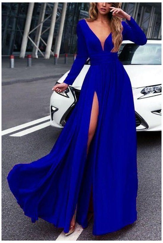A Line V Neck Long Sleeves Green/Black/Royal Blue Long Prom Dresses, Formal Dresses With Sleeves cg18006