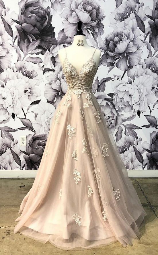 champagne v neck tulle lace long prom dress, champagne evening dress cg18018