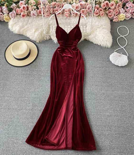 Burgundy velvet long dress prom dress evening dress cg18019