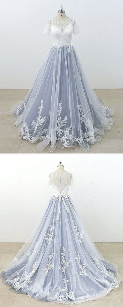 Blue Gray Tulle Ivory Lace Short Sleeve Beach Wedding Dress, Long Pageant Prom Dress cg18034