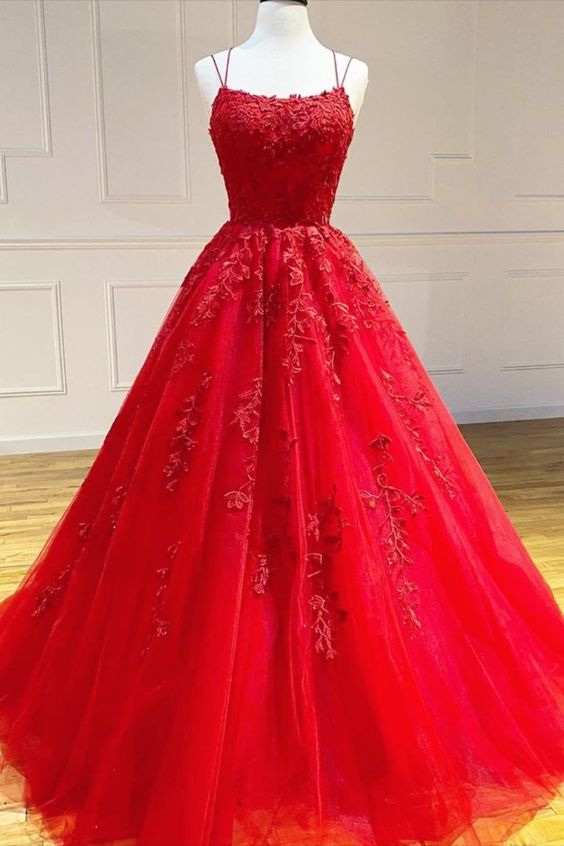 2021 A-line red lace long prom gown ball gown sweet 16 dress cg18042