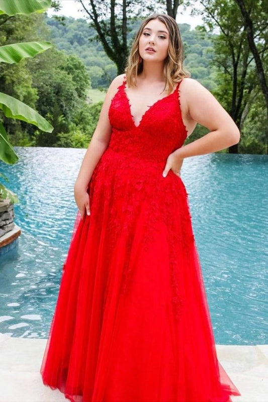Red Tulle and Lace A-line Long Prom Dress    cg18047
