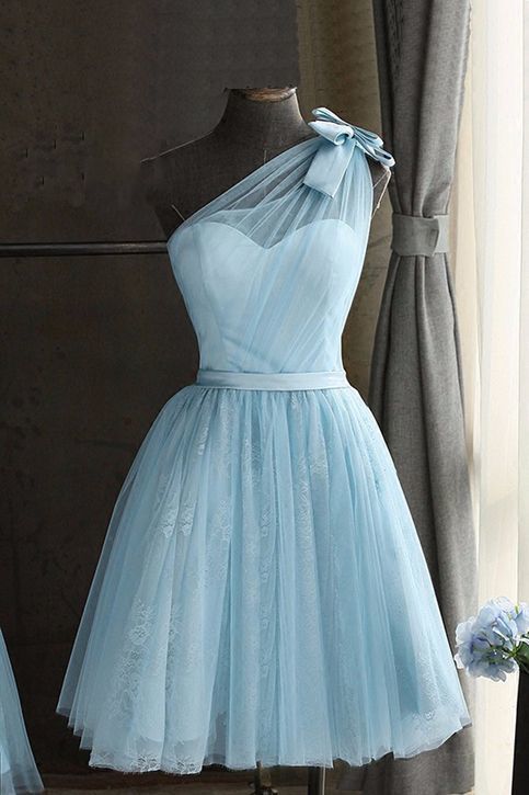 Baby blue tulle one shoulder short homecoming dress, bowknot party dress cg1809