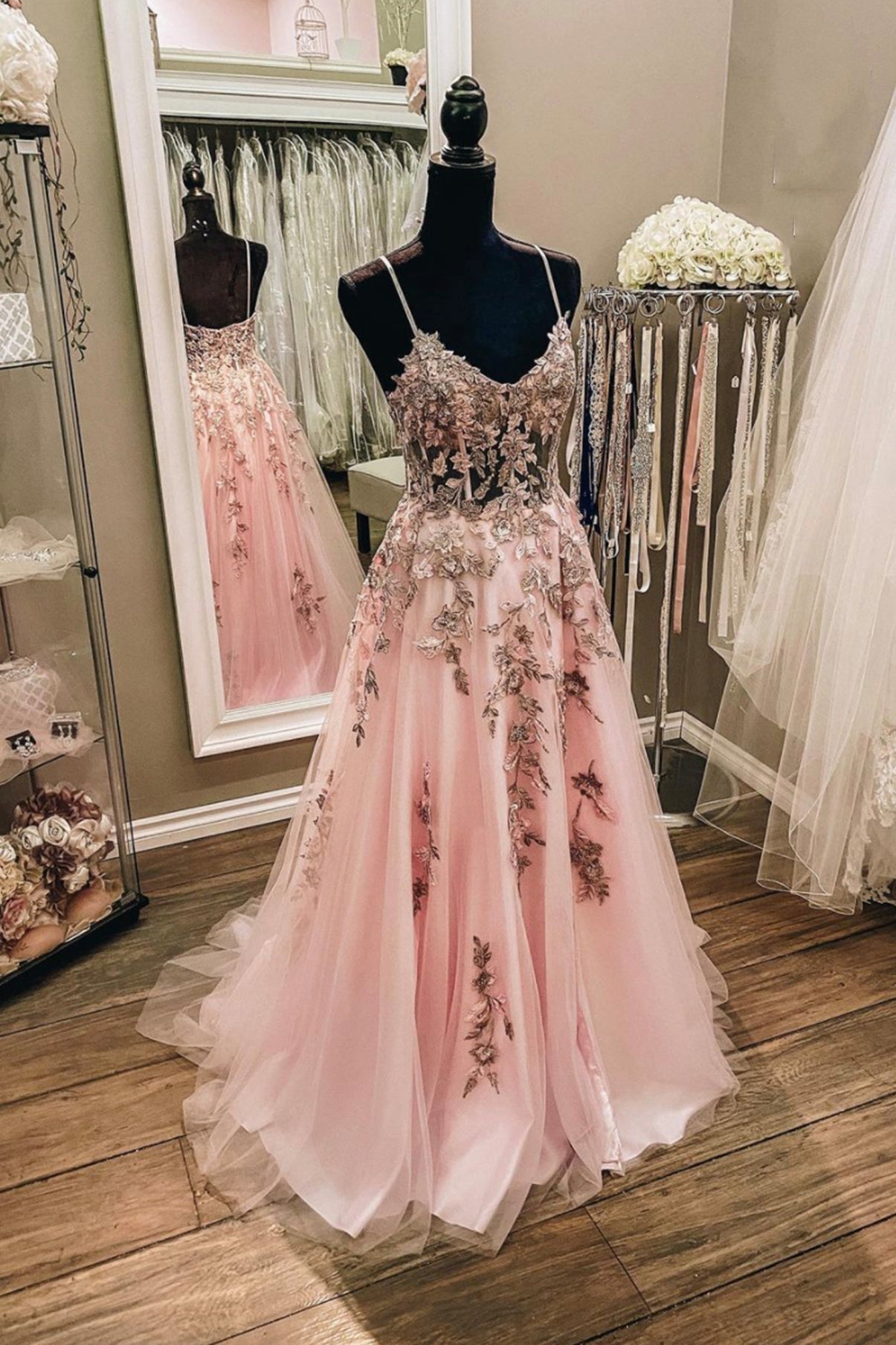 PINK LACE LONG A LINE PROM GOWN PINK FORMAL DRESS cg18114