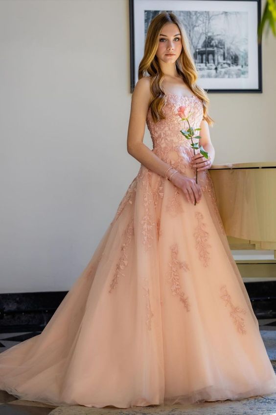 Pink Lace Tulle Appliques Long Prom Gown cg18115