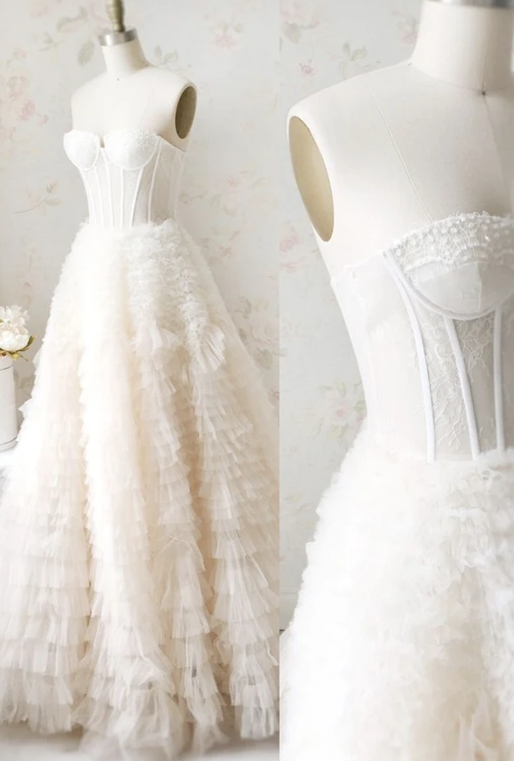 Champagne tulle long prom dress A line evening dress cg18119