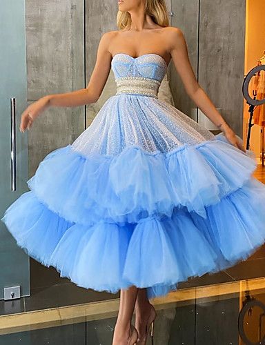 A-Line Glittering Luxurious Engagement Prom Dress Sweetheart Neckline Sleeveless Ankle Length Tulle with Tier cg18131