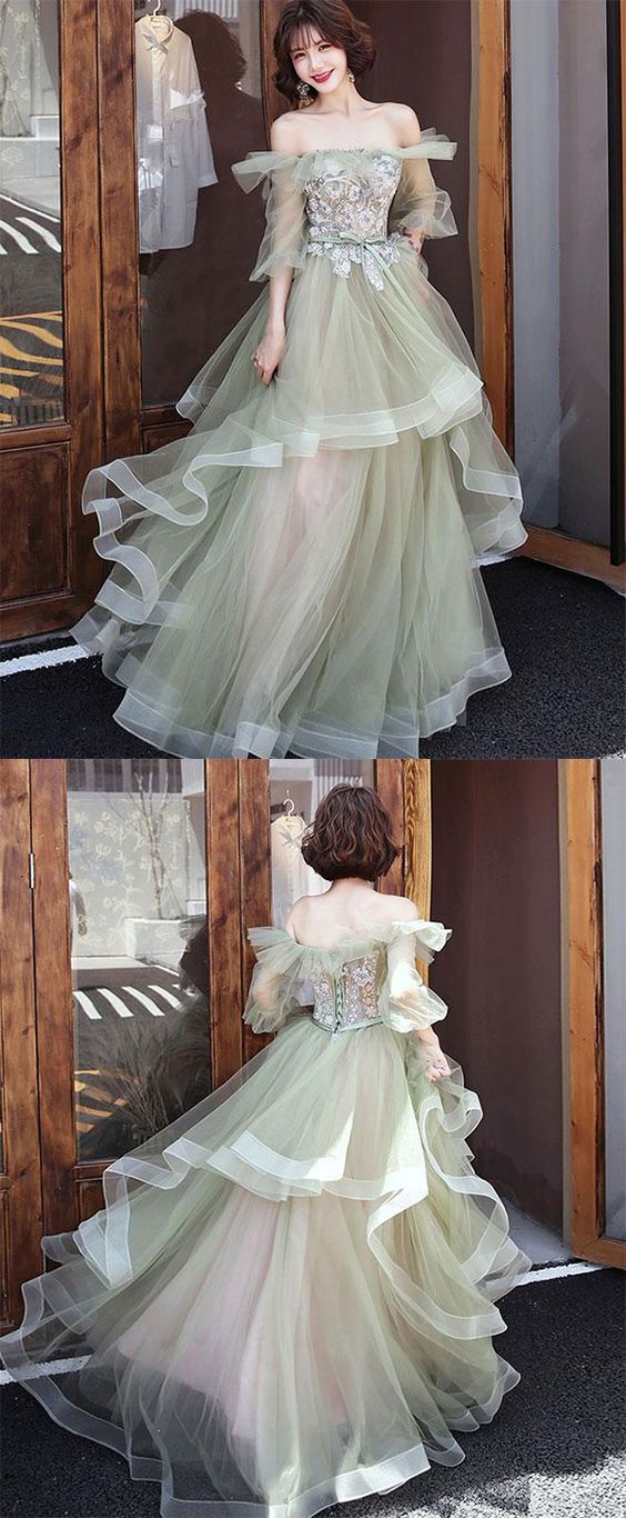 Green tulle lace long prom dress, green tulle evening dress cg18135