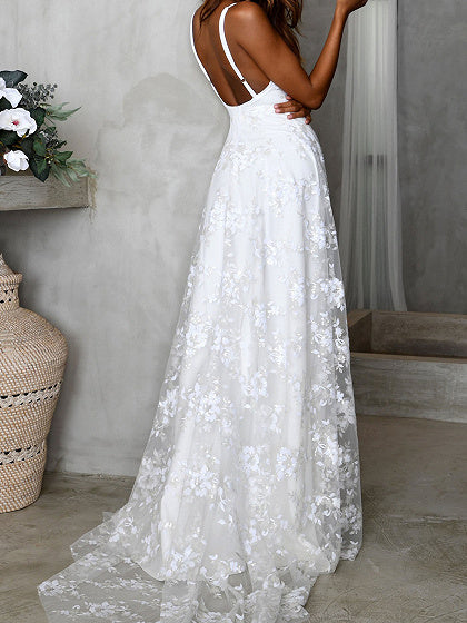 White V-neck Split Front Lace Cami Maxi prom Dress cg18136