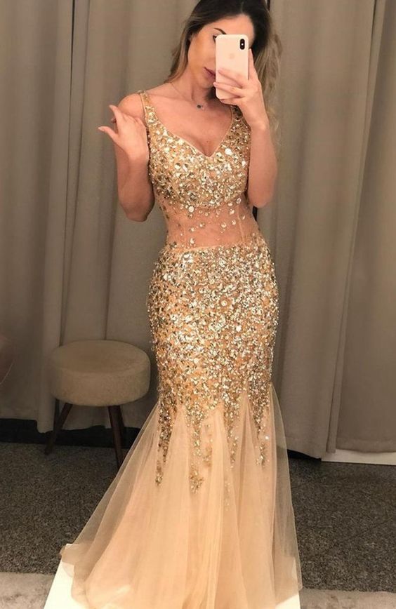 Sexy Mermaid Prom Dress Champagne Gold Evening Gown cg18152