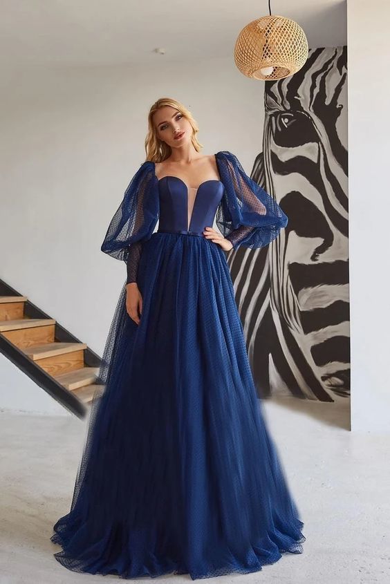 Elegant A Line Tulle Princess Simple Prom Dress, Long Dark Blue Evening Dress cg18160