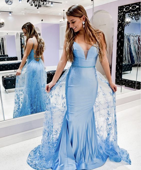 Blue satin lace long prom dress,mermaid prom dress cg18166
