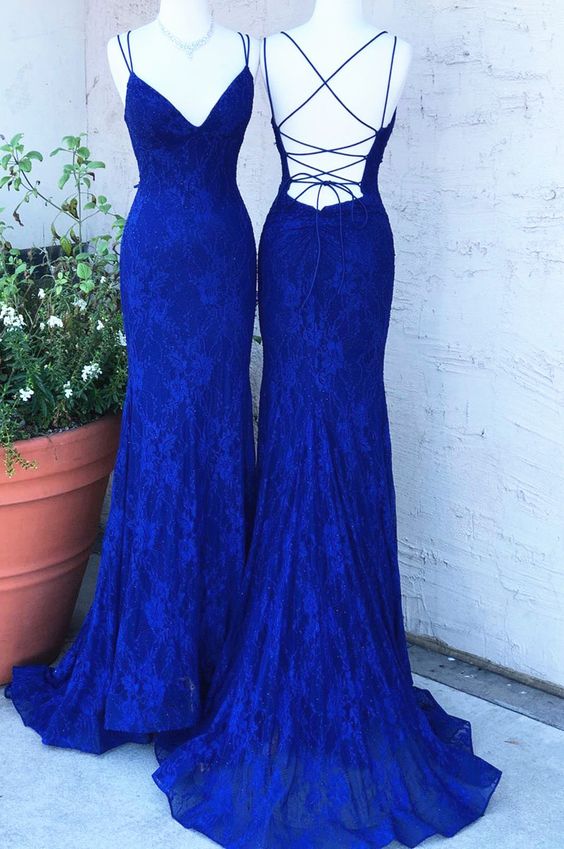 elegant mermaid royal blue lace long prom dress with lace up back, 2021 long prom dress cg18182