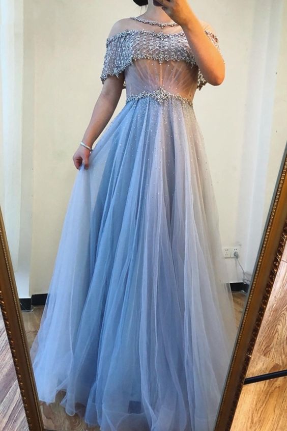 beaded crepe sleeves baby blue long formal dress evening prom dress cg18187