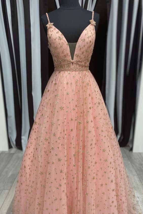 2021 A-line blush and gold stars long formal dress prom dress for graduation cg18189