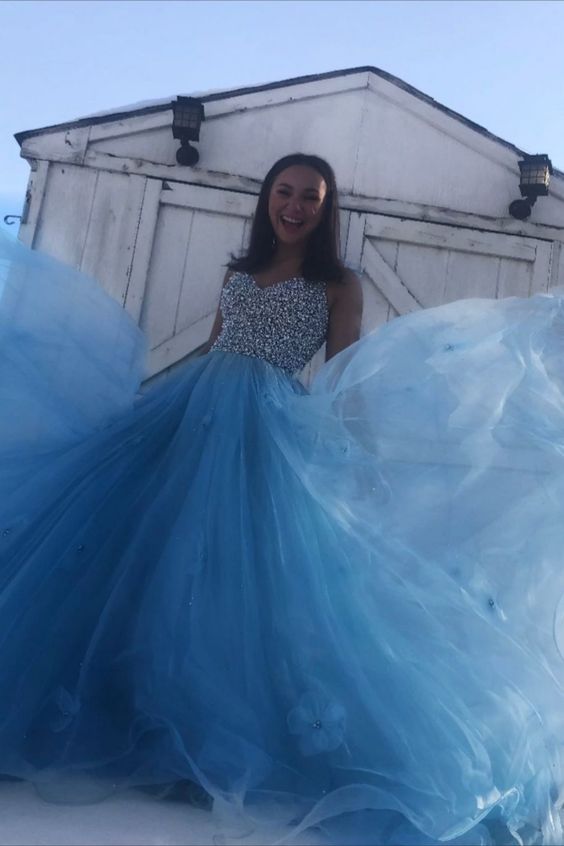 Sky Blue Tulle Long Prom Dress with Crystal cg18197