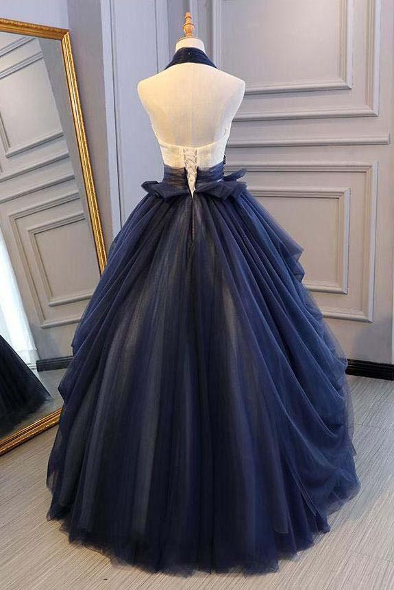 Ball Gown Blue Tulle Lace Long Prom Dresses Deep V Neck Backless Evening Dresses cg1820
