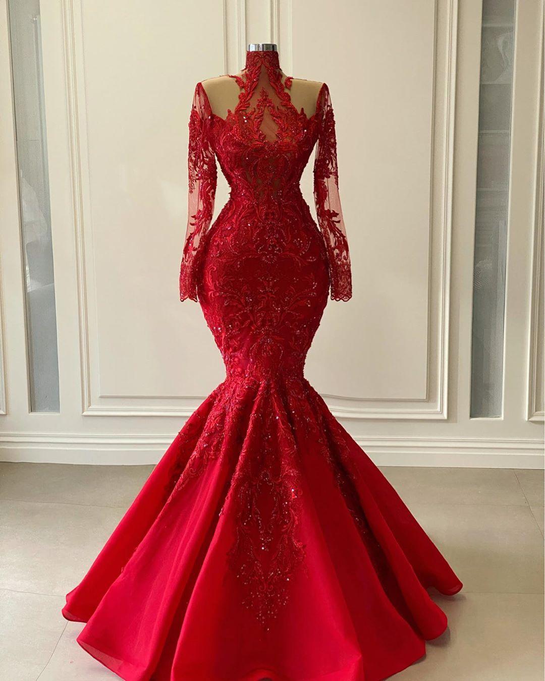 Red Luxurious Lace Beaded Evening Dresses 2021 Red Shiny Long Sleeve High Neck Mermaid Prom Gowns cg18200