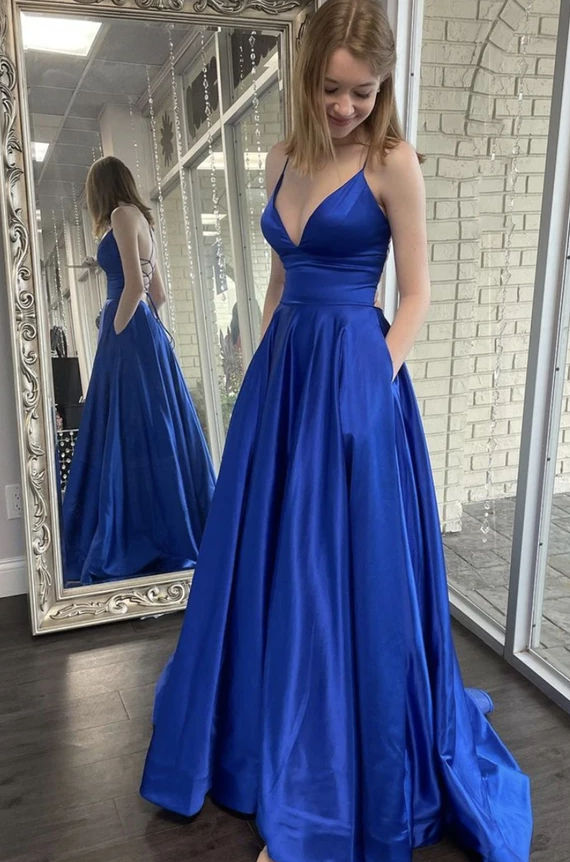 Blue satin long prom dress A line v neck evening dress cg18201