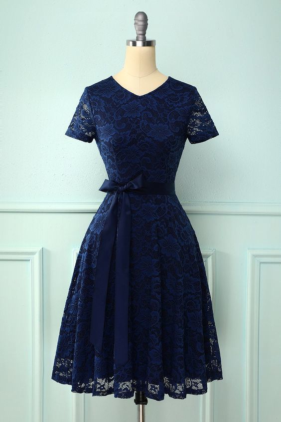 Navy Short Sleeves Lace Homecoming Dress cg18204