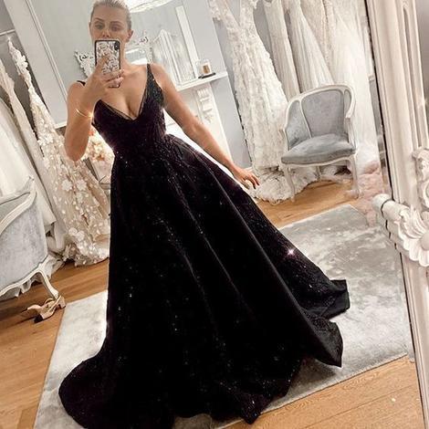 A-line V Neck Black Long Prom Dress cg18208
