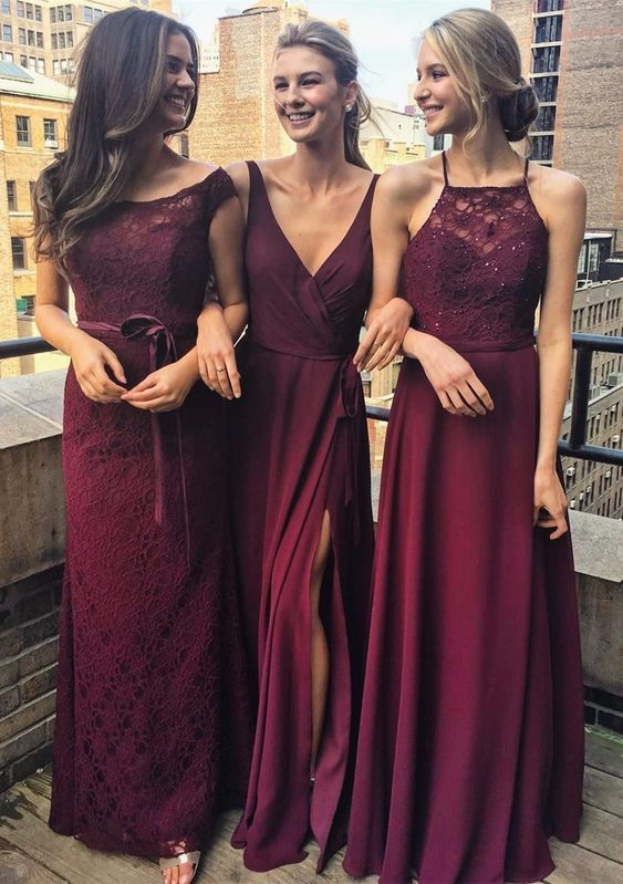 Wine Red Lace Halter Bridesmaid Dress Long Burgundy V Neck Cheap Wedding Party prom Gowns cg18217