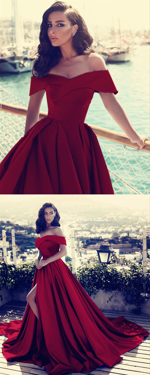 elegant burgundy formal satin off the shoulder prom evening gown dresses with side split cg18254