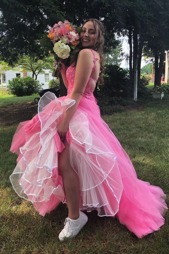 hot pink mermaid lace appliqued long prom dress cg18259