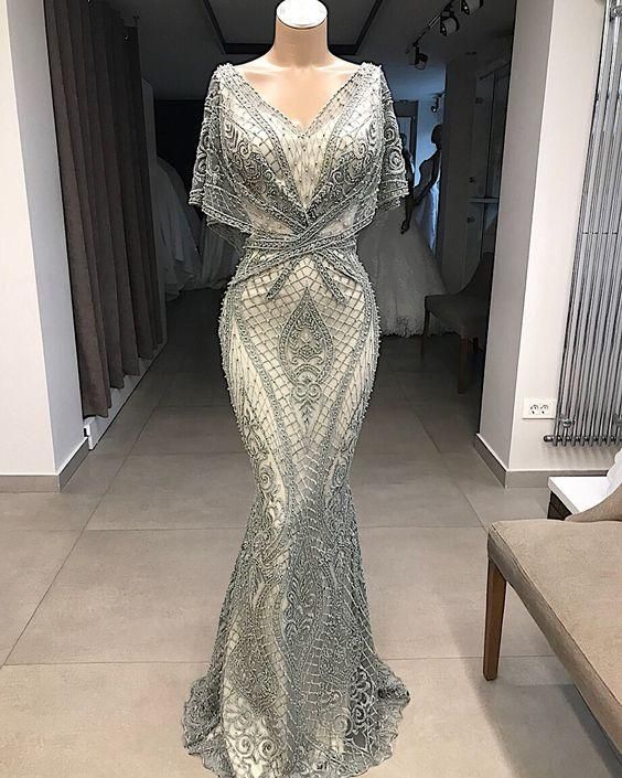 modest evening dresses long gray lace appliqué beaded elegant mermaid Prom Dresses cg18276
