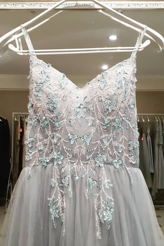 beaded A-line blue long prom dress cg18290