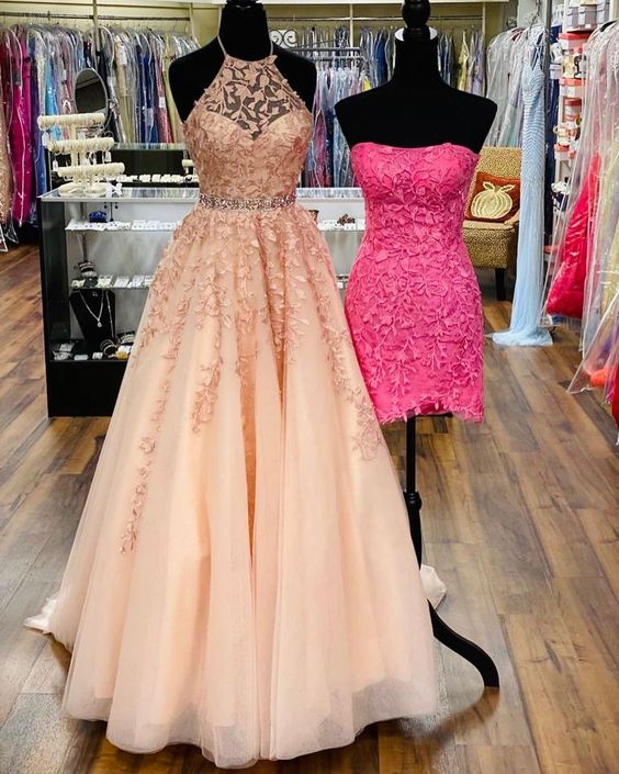 2021 pink long prom dress with halter neckline cg18294