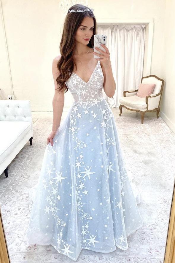 Blue v neck tulle long prom dress blue evening dress cg18301