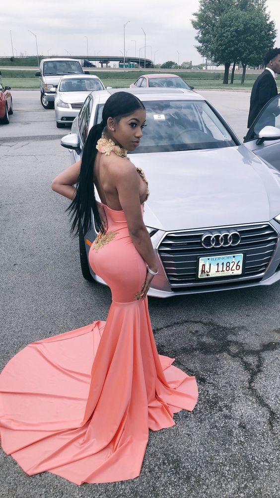 Sexy Pink Mermaid Prom Dress Halter Appliques Court Train Formal Evening Dresses Long Party Gowns cg18346