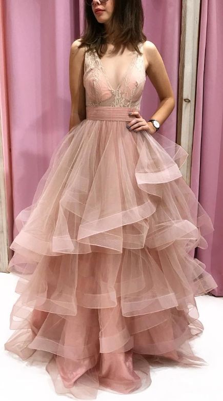 Princess V Neck Pink Long Prom Dress Ball Gown cg18350