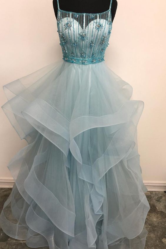 Long Prom Dresses, Beaded Ruffled Mint Green Prom Dresses cg18356