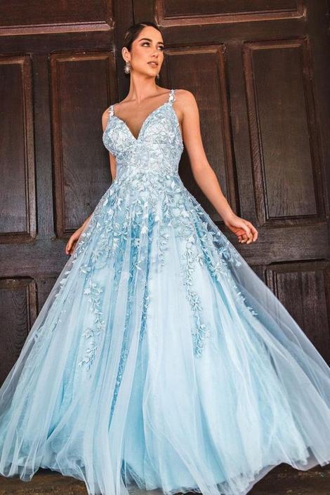 A-line light blue long prom dress with lace appliques cg18371