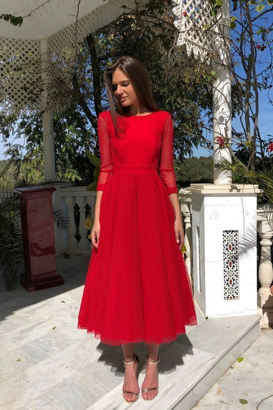 Red a line tea length backless prom dress   cg18388